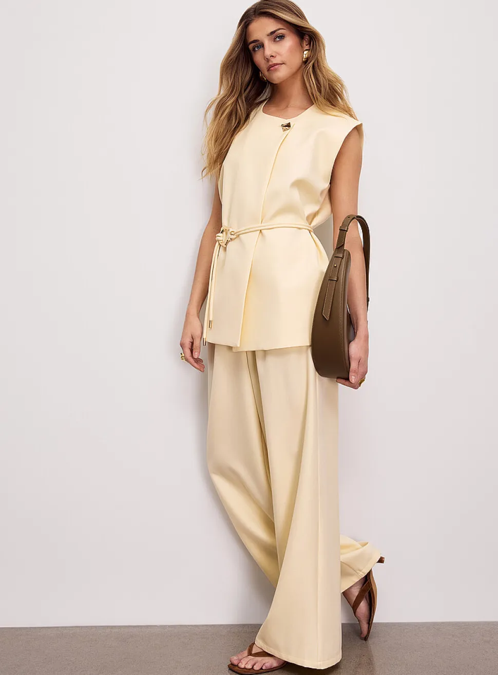 Asymmetric-belt pleated wide-leg pant