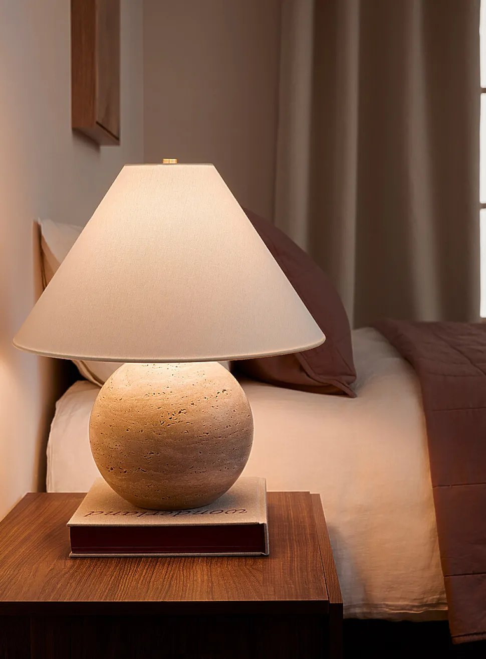 Beige travertine spherical base table lamp
