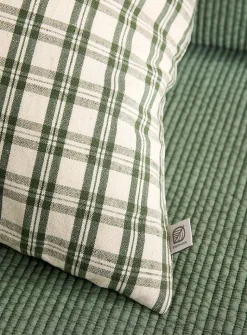 Green checkers linen-blend removable-cover cushion