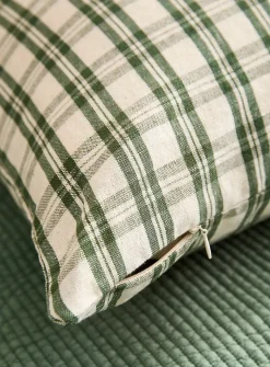 Green checkers linen-blend removable-cover cushion