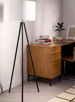 Linen lampshade metal tripod lamp