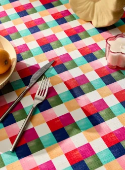 Multicoloured checkerboard tablecloth