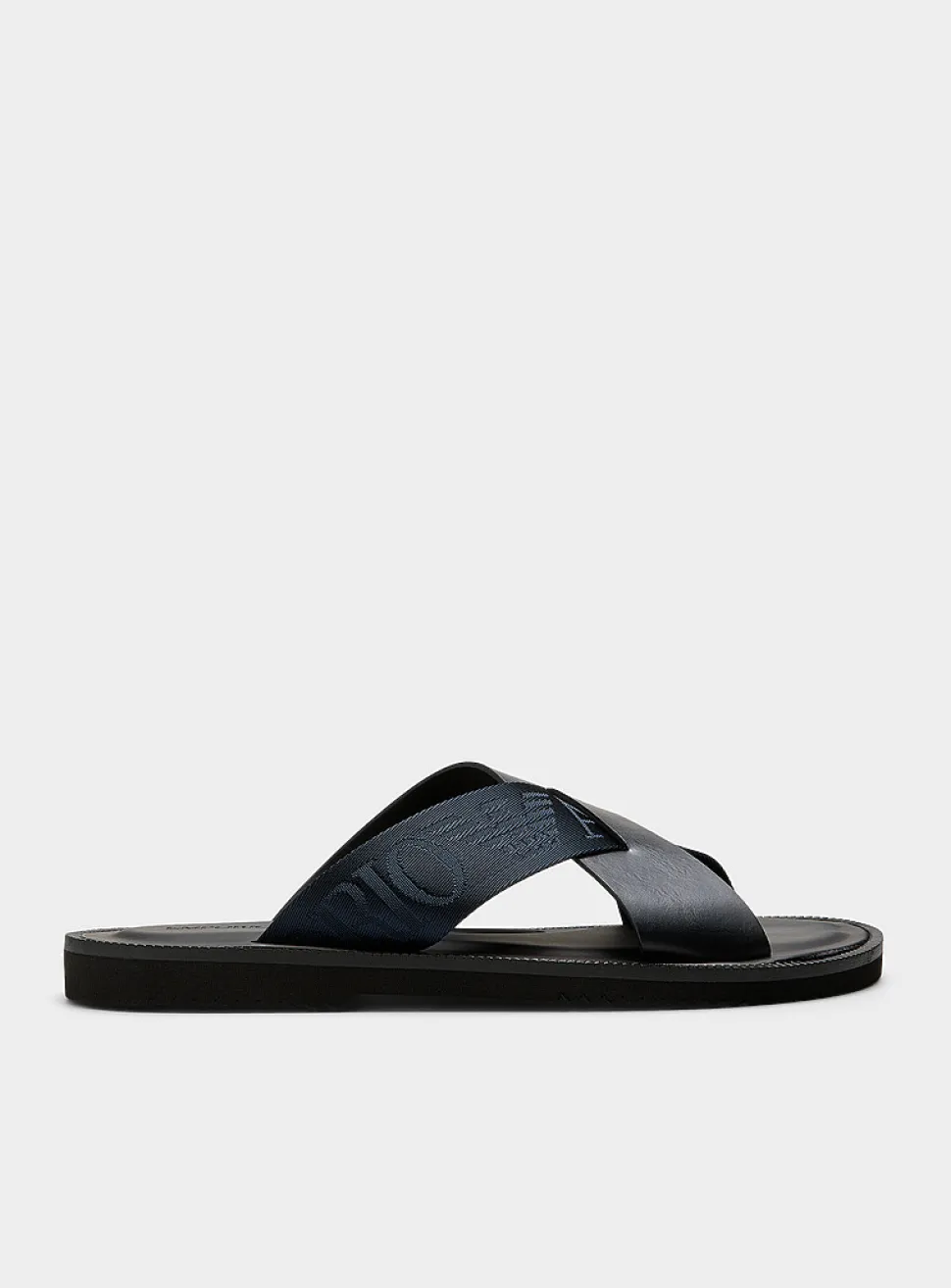 Navy blue leather crossed-strap sandals