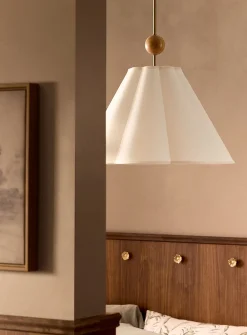 Oak and brass accented hanging lamp