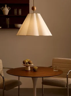 Oak and brass accented hanging lamp