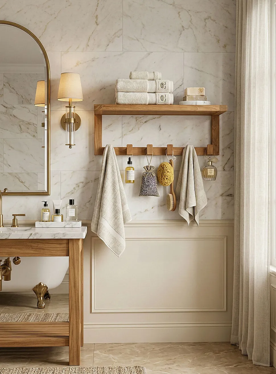 Six-hook wall-mounted teak wood shelving