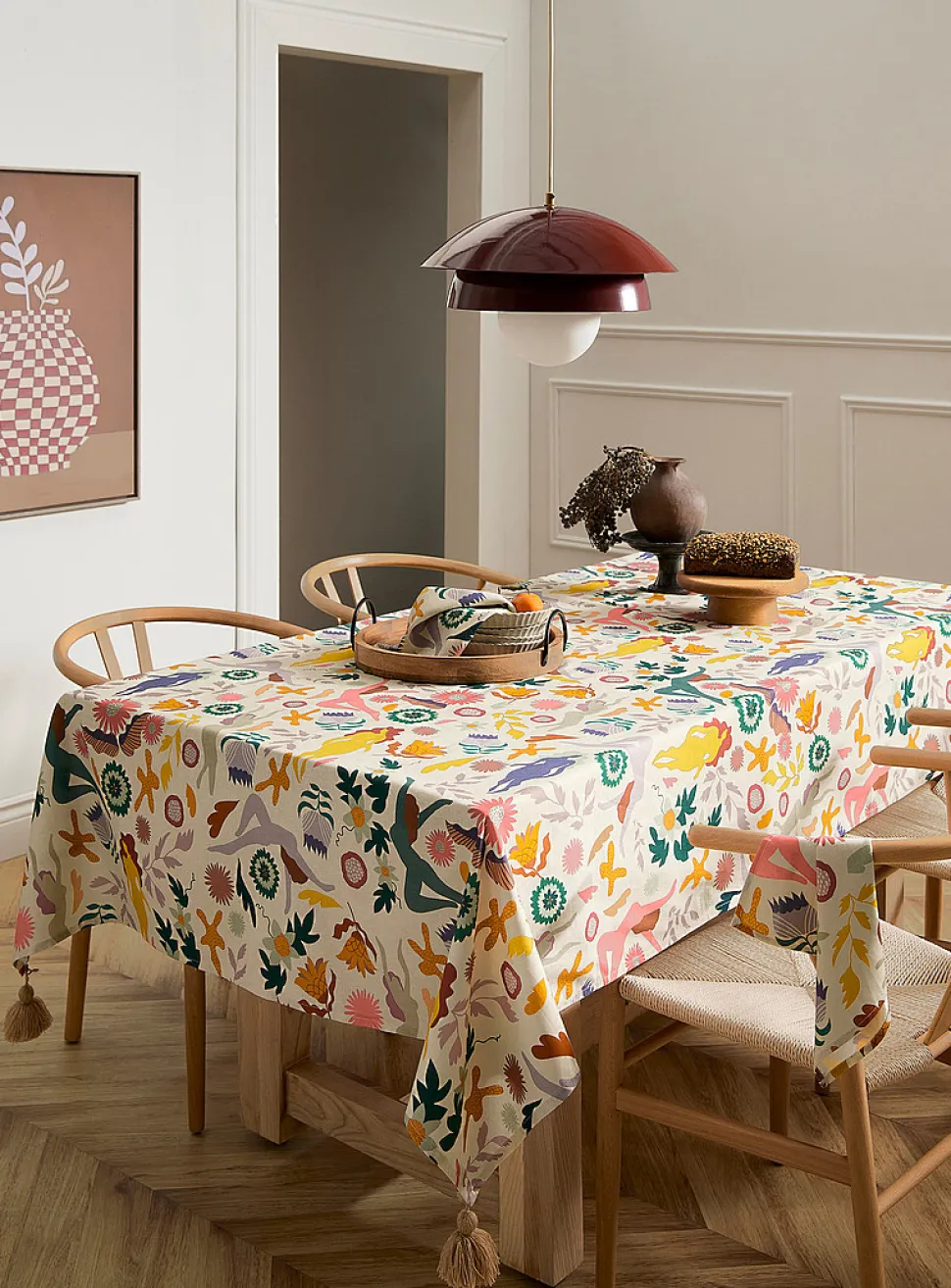 Tasselled colourful tablecloth