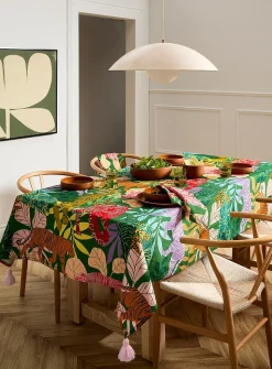 Tasselled colourful tablecloth