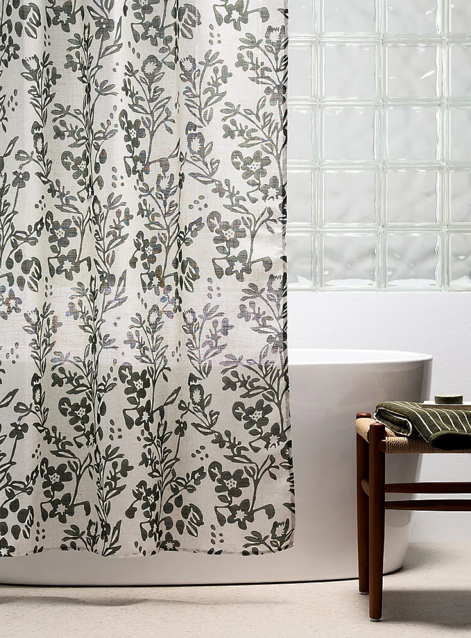 Touch of linen green flowers shower curtain