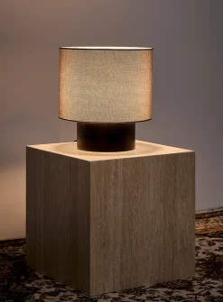 Wood and linen cylinder table lamp